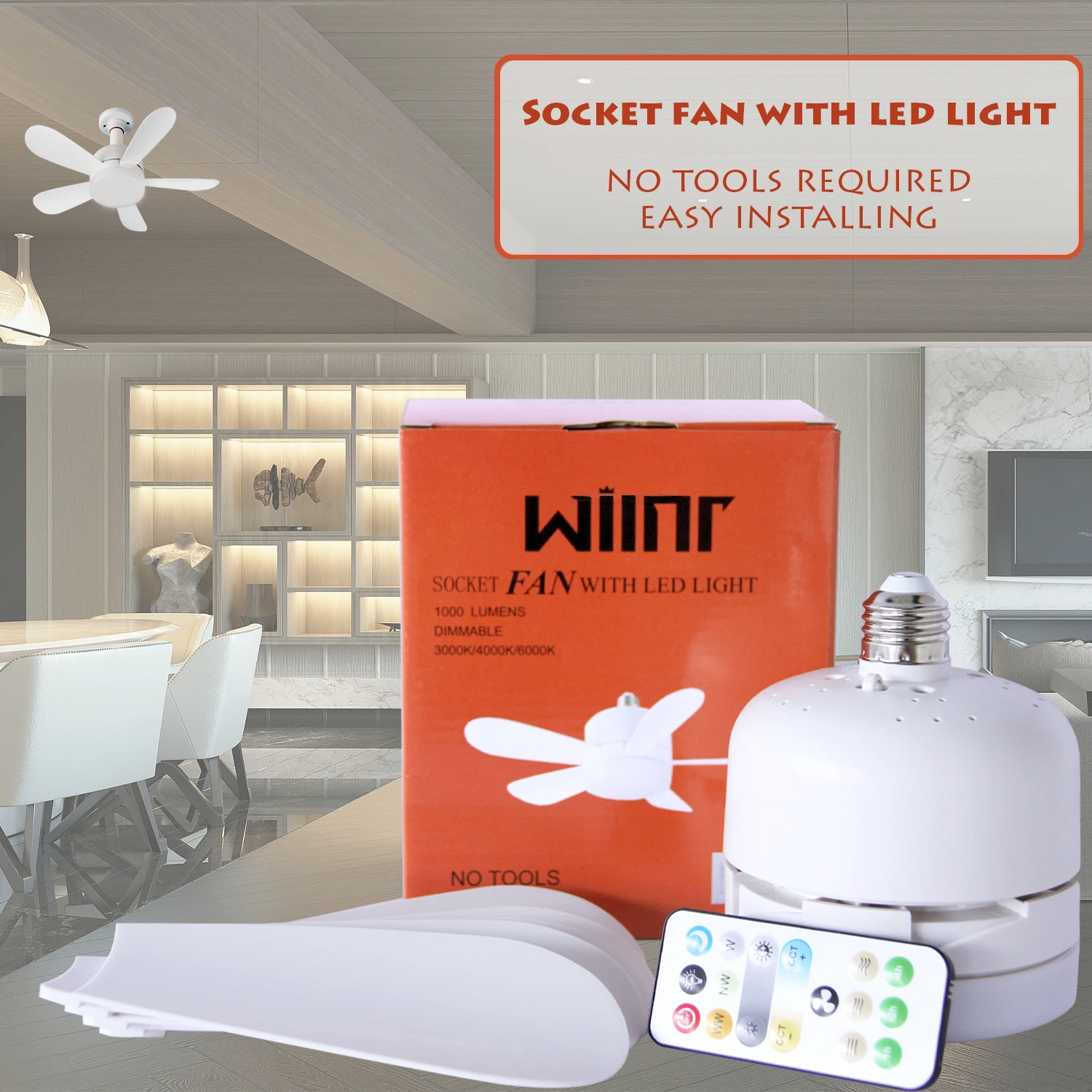 Socket Fan Light Ceiling Fans With Lights and Remote Dimmable Light Bulb Screw in Ceiling Fan for Bedroom Kitchen Garage