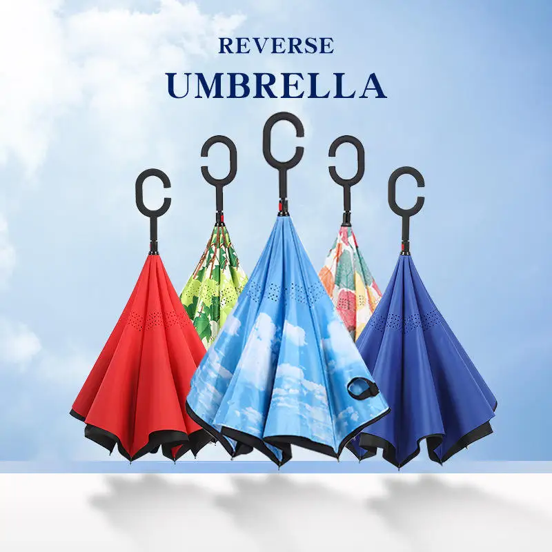 Custom Upside-Down C Hands Free Handle Inside Out Double Layer Sided Car Reserve Inverse Reversible Inverted Reverse Umbrella