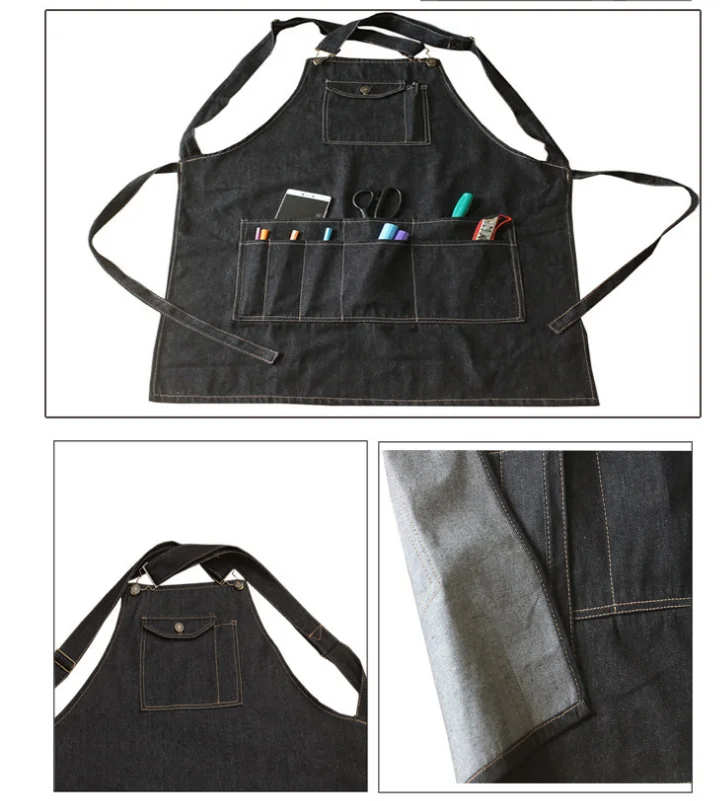 newest custom high quality cooking cotton jeans apron with tool pouch Denim Apron