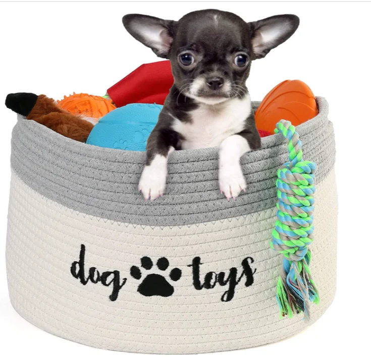 Woven Storage Bin for Dogs Pets 15x10x9 inch Pet Basket Container Holder for Toys White and Grey Cotton Rope Dog Toy Basket