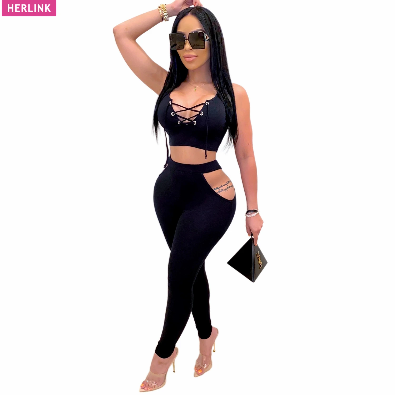 
H3774 women trendy bodycon pant and sleeveless crop top two piece set 