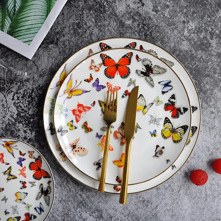 Colored dinner plate butterfly bone china dinnerware gold ceramic charger plates for wedding