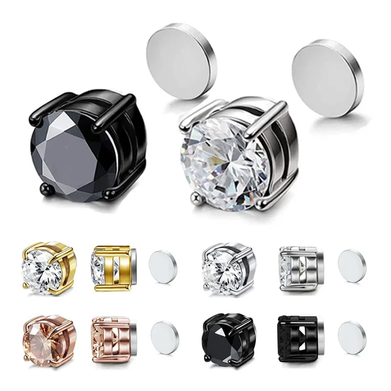 Magnetic None Piercing Earring Stainless Steel Magnet Shiny Zircon Ear Stud Earrings for Boys and Girls