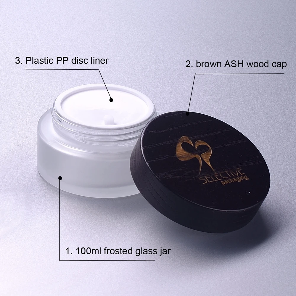 100ml face cosmetic jar with ASH brown wooden lid Hexagonal glass cream jar