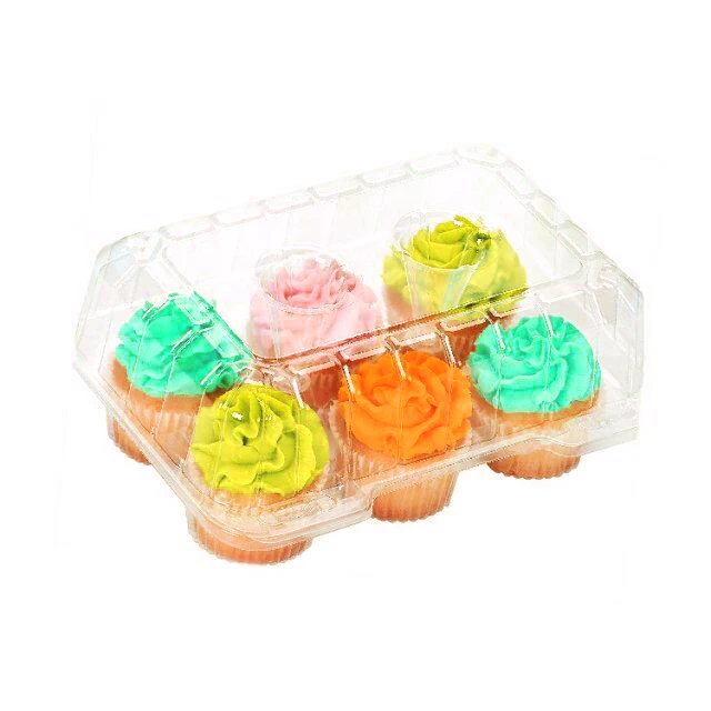Custom 6 count clamshell hinge transparent mini cupcake containers with lids clear plastic cupcake container boxes