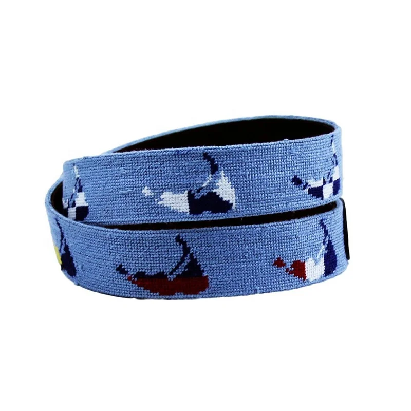 Custom Nantucket Nautical Men Luxury Needlepoint Belt in Antique Blue