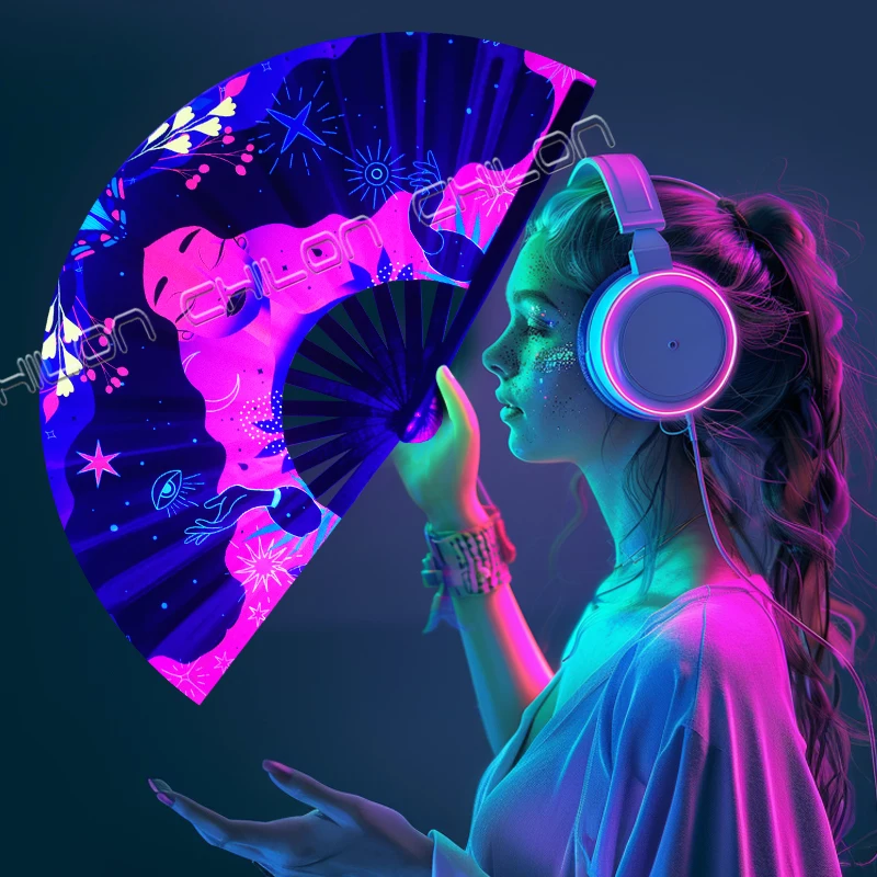 UV Festival Folding Hand Fan with Bamboo Ribs Folding Fans with Fabric Case Glow in dark