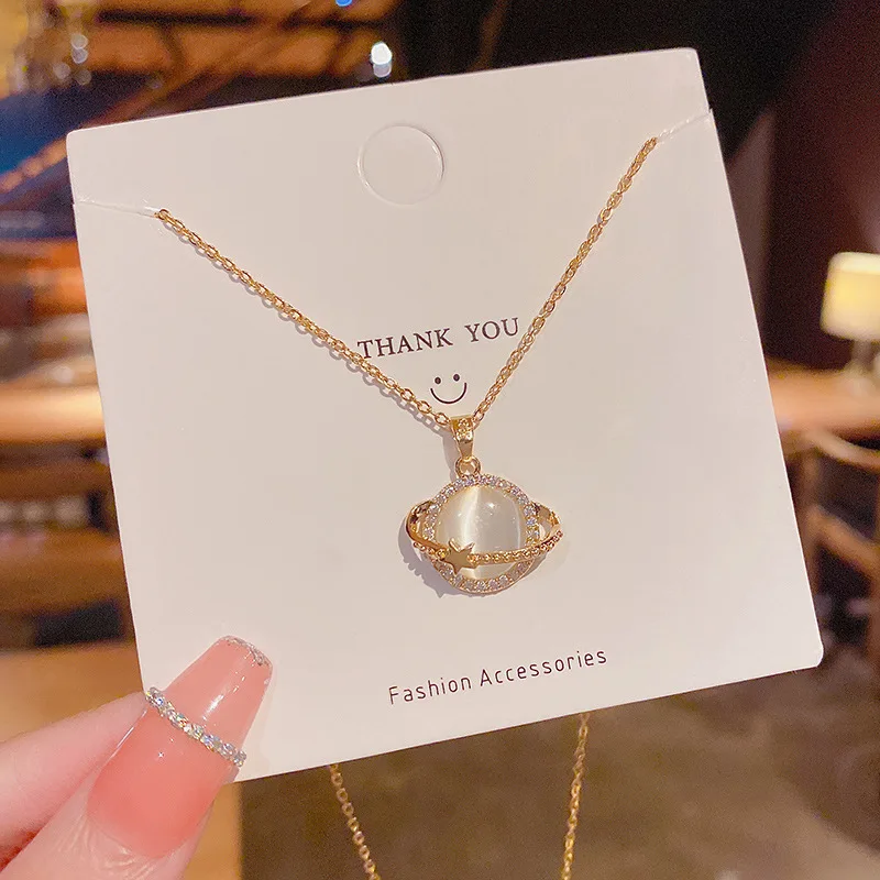 Fashion Luxury Stainless Steel Crystal Space Saturn Opal Pendant Necklace for Women 2022 New Jewelry Gift Wholesale