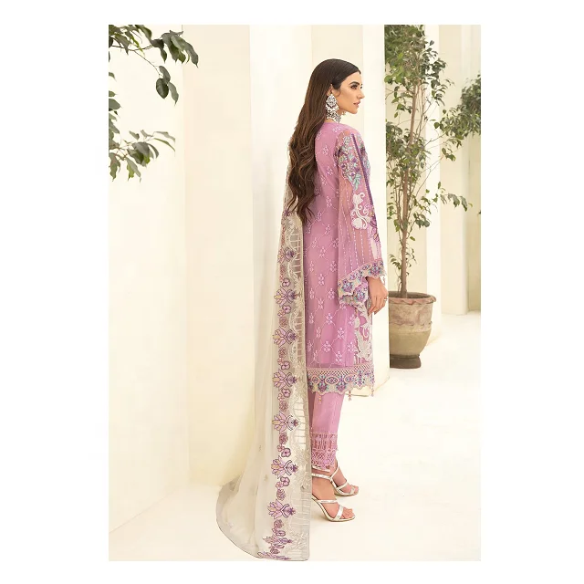 
Light Pink Pakistani Embroidered Dress With Light Blue Thread Paired With Chiffon Dupatta 