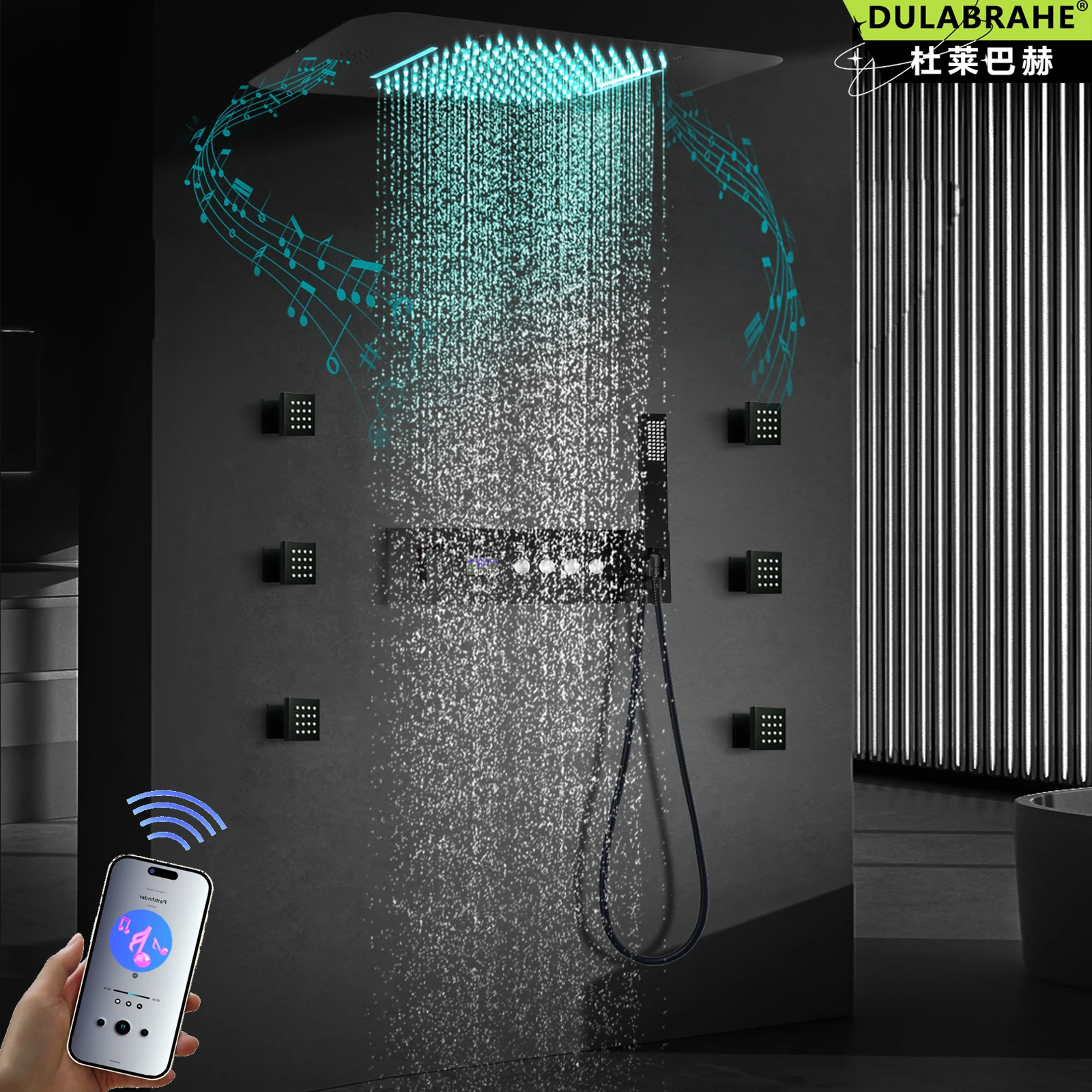 Ceiling Mounted LED Shower Head 23*15 Inch Build-in Music Speaker  Thermostatic Shower Valve Bathroom Shower Faucet Set