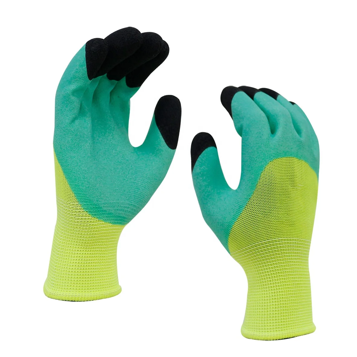 cheap green latex foam construction work gloves with black  latex crinkled double coated on fingers