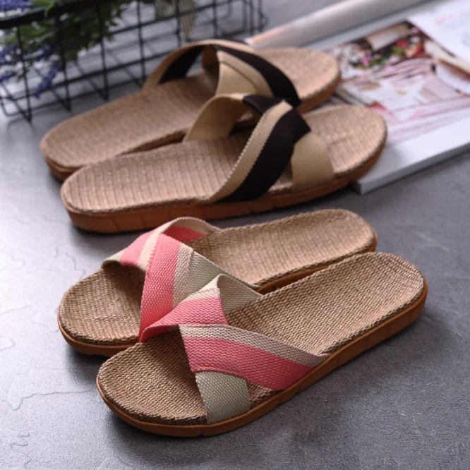 Flax Slipper Men And Women Home Summer Thick Bottom Indoor Slipper Floor Prevent Slippery Cool Slipper Woman Summer OEM