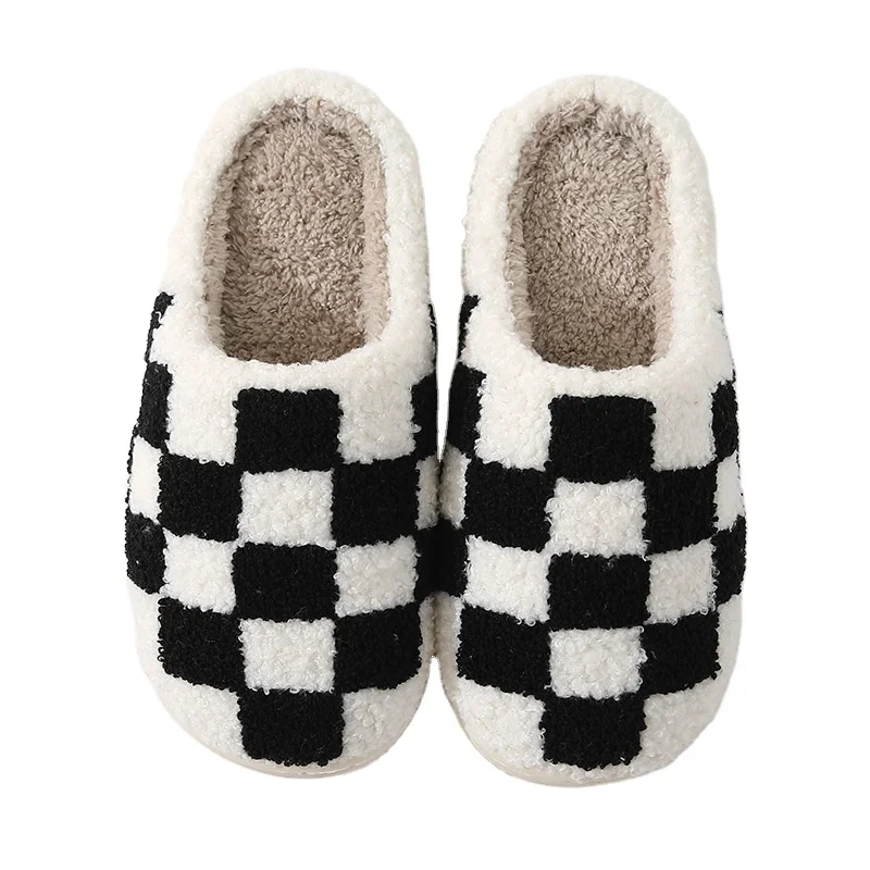 New Comfortable Home Checkerboard Cotton Slippers Soft-Soled Thickened Non-Slip Warm Winter Spring Autumn Couples Shoes