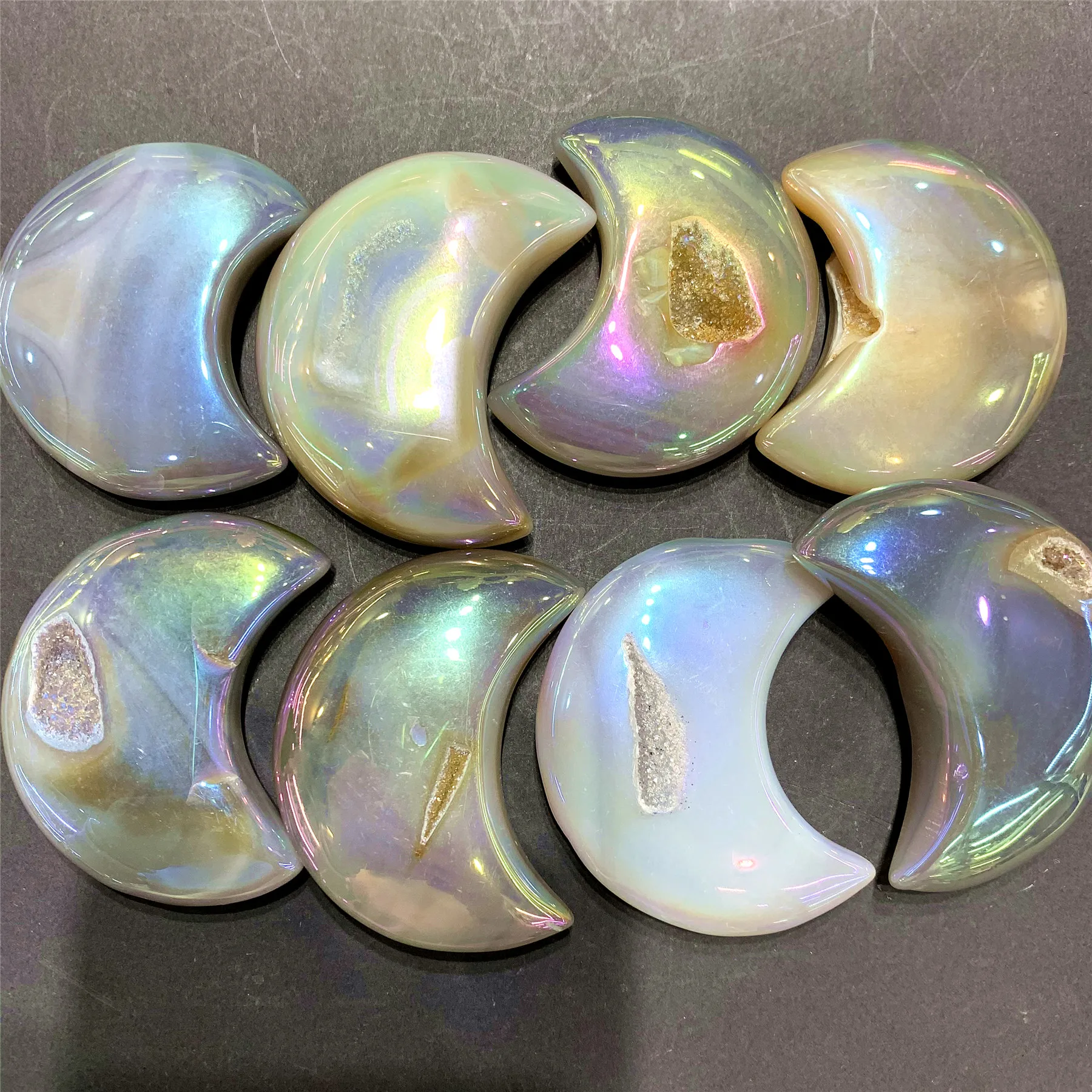 
Wholesale Natural Carved Aura Agate Geode Moon Healing Stone Druze Moon 