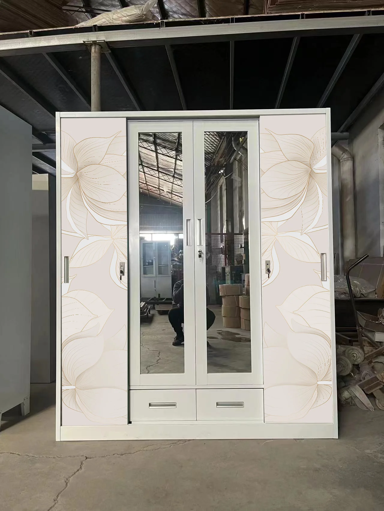Folding clothes wardrobe with mirror for home furniture Cheap Price Pattern Printing sliding Almirah wardrobe
