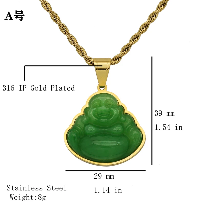 Emerald Stainless Steel Gold Jade Buddha Pendant Necklace Jewelry
