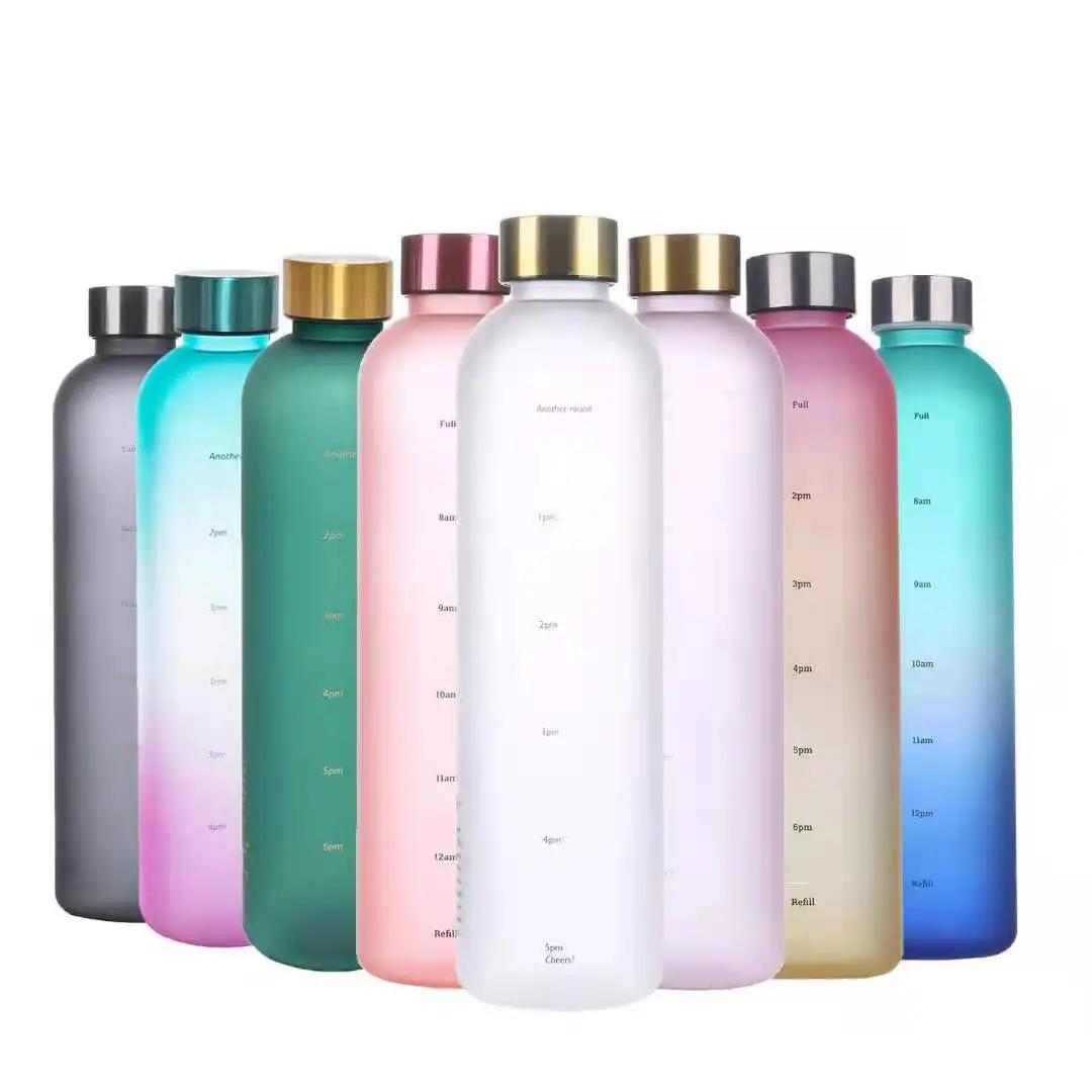 Multiple Gradient Color Motivational Time Marker Leak-Proof Tritan Sport Plastic Water Bottle BPA Free Frosted 1 L 32 Oz Bottle