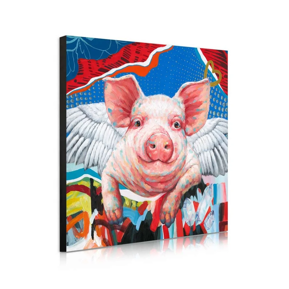 Hot Top New Selling Christmas Seasonal With Red For Living Room Whimsy Animal Wall Art Handmade Pig Oil Painting