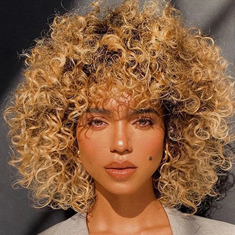 Wholesale Afro Women Synthetic Kinky Curly Wig 12inches High Temperature Fiber Short Blonde Headband Wig