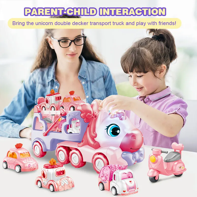 Girls Princess Gifts 5 In 1 Friction Cartoon Truck Unicorn Trailer Cars Motorcycle Transporter Carrier Vehicle Toys For Kids