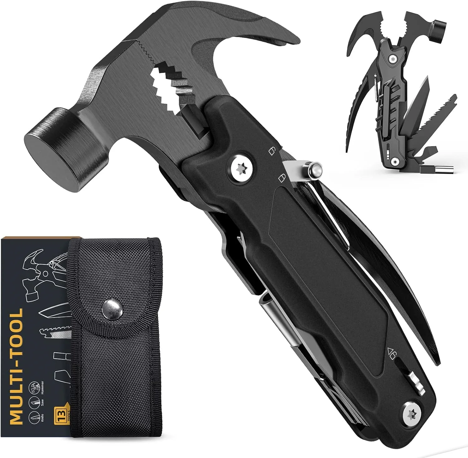 Outdoor Camping Multitool  Hammer With DIY Stickers, Safety Lock, Screwdriver Bits Set And Durable Nylon Sheath, Multi Tool