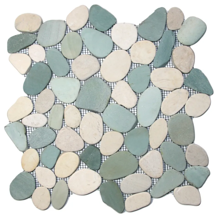 Sliced Sea Green and White Pebble Mosaic Tile Paving Stone Bathroom Flooring Tiles Polished Pebbles Natural Stone Pebbles