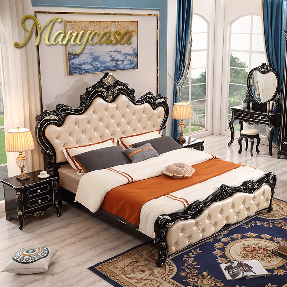 Европейская домашняя мебель, новейшая популярная деревянная резная кожаная двуспальная кровать
