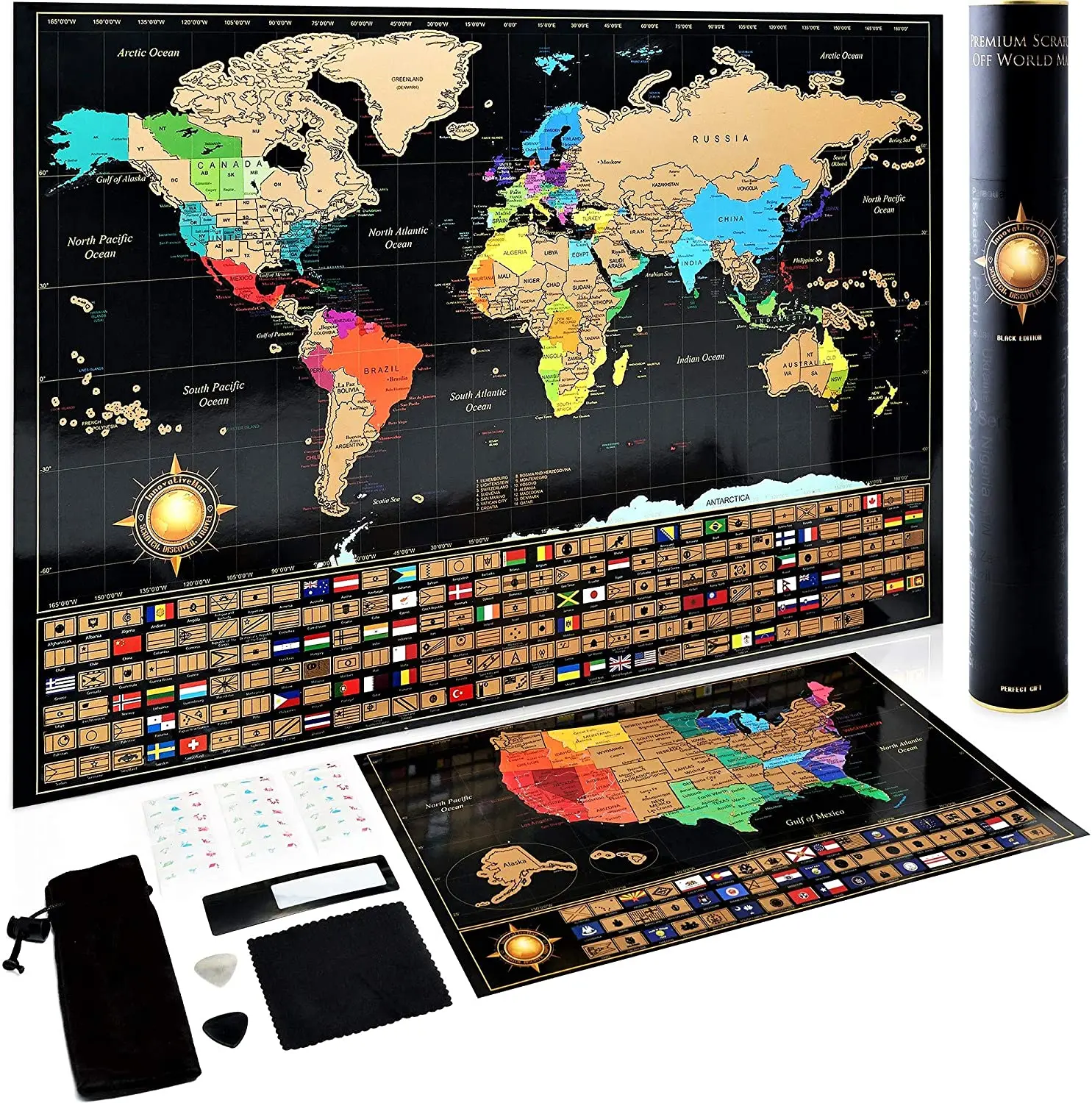 
Scratch Off World Map Poster United States Map Includes Complete Accessories Set & All Country Flags world map wall 