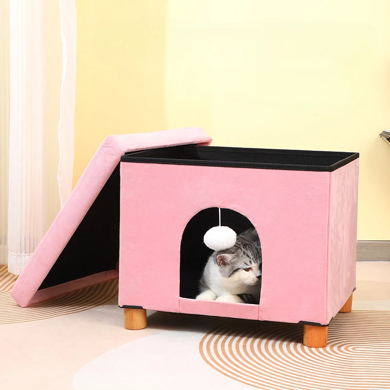 Pet House Ottoman Cube Cat or Dog Furniture Bed Footstool Folding Ottoman with Space for Animals