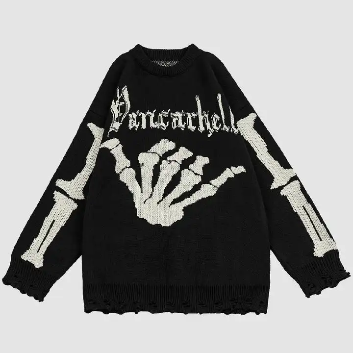 Custom fall/winter fashion men & women crew neck casual loose skeleton ripped knitwear knit pullover sweater