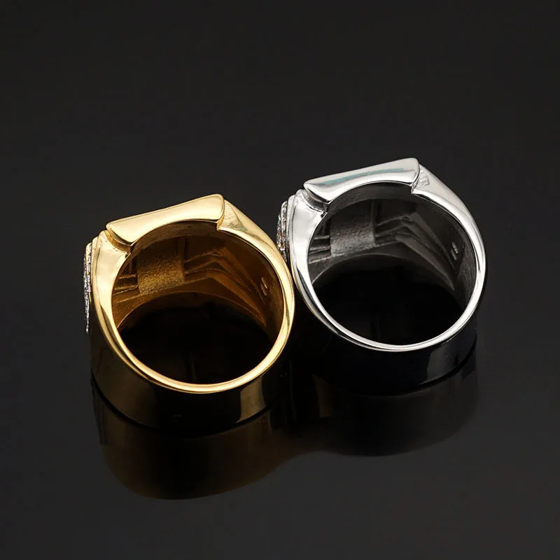 Ouj Ready to Ship Hip Hop Jewelry Pave Rhinestone 20mm Wide Band Egyptian Cross Designs 316L Stainless Steel Ring For Men