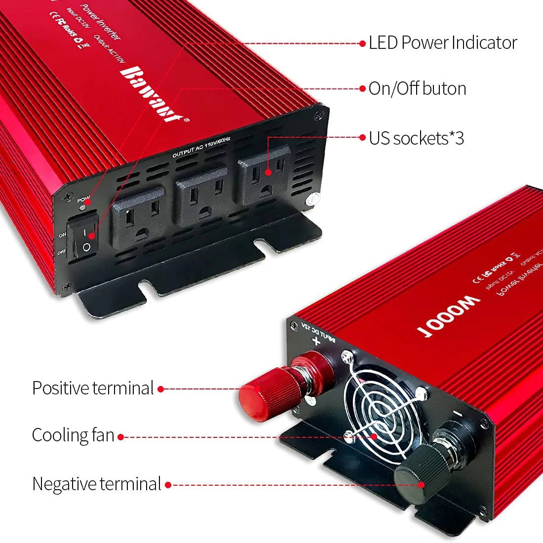 Power Inverter 1000W Modified Sine Wave 12V DC To 110V 220V AC Converter With AC USB Output For Car