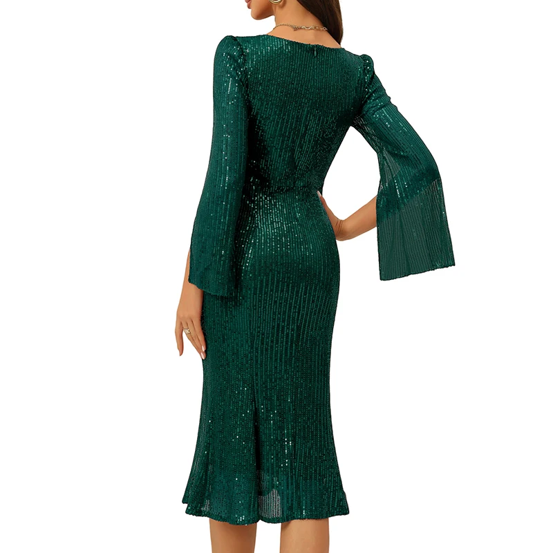 High Quality Luxury Womens Dinner cocktail Ladies Evening Gown Elegant Sequins Party Dresses With Long Sleeve