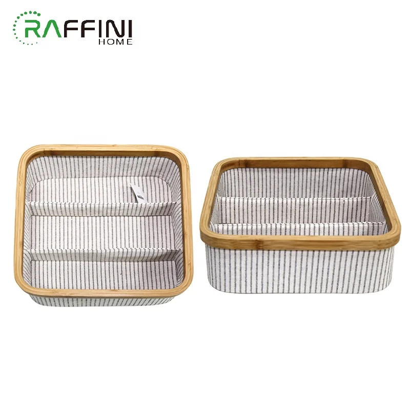 
Fabric Cotton Organizer Desk Bamboo Frame Eco Certificated Manufacturer Customized Box Home Office Three Grids Storage Boxes 