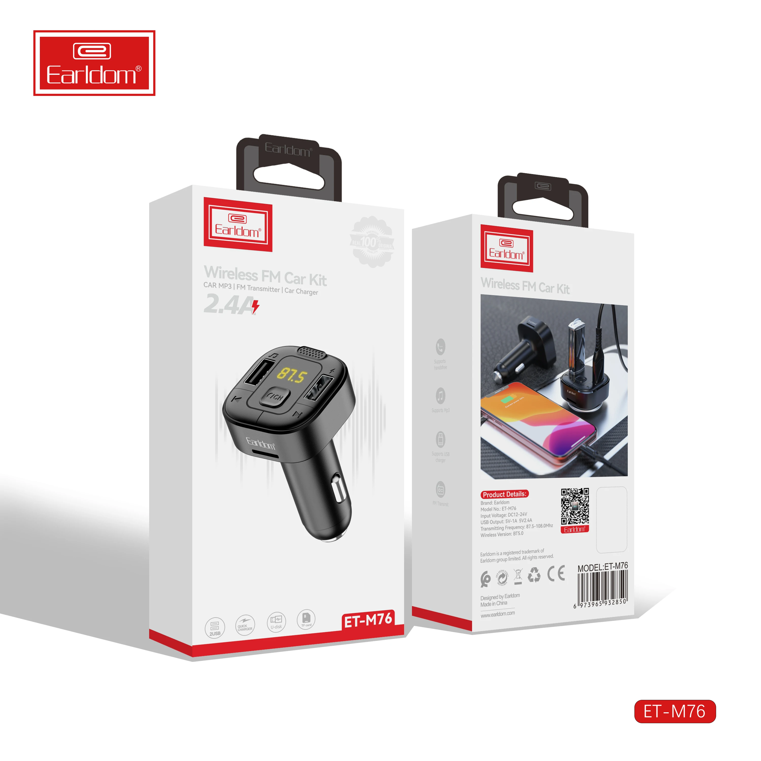 EARLDOM car blue-tooth FM Transmitter Wireless Radio Adapter Kit Hands-Free Calling with Microphone, Car USB Charger