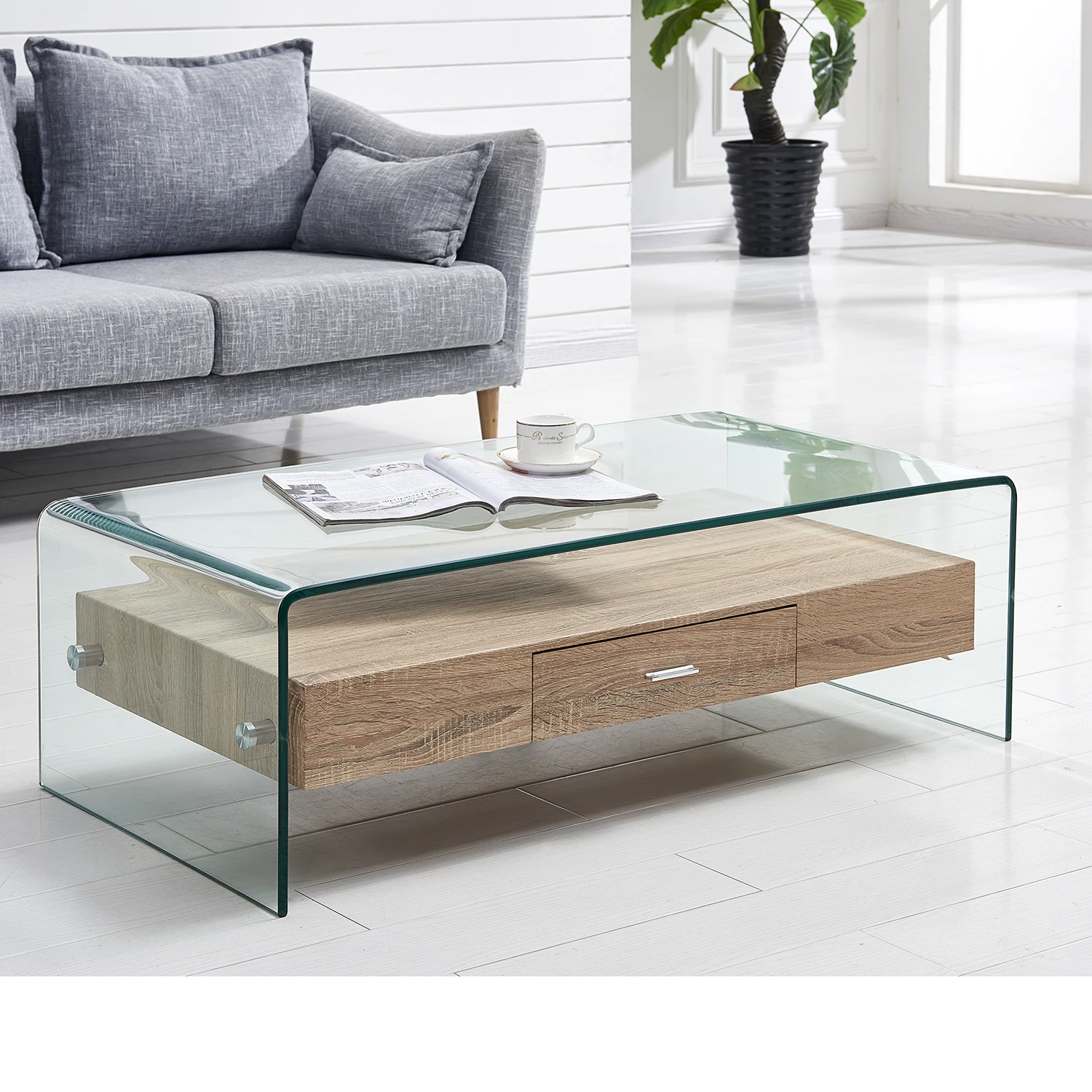 Luxury Tempered Glass Living Room Coffee Table Modern Coffee Furniture With Drawer Storage
