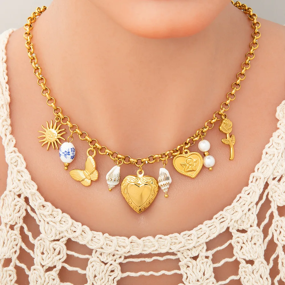 Vintage 14k Gold Plated Big Bow Knot  Pendant Necklace Stainless Steel No Fade Evil Eyes Hollow Heart Charms Pendant Necklace
