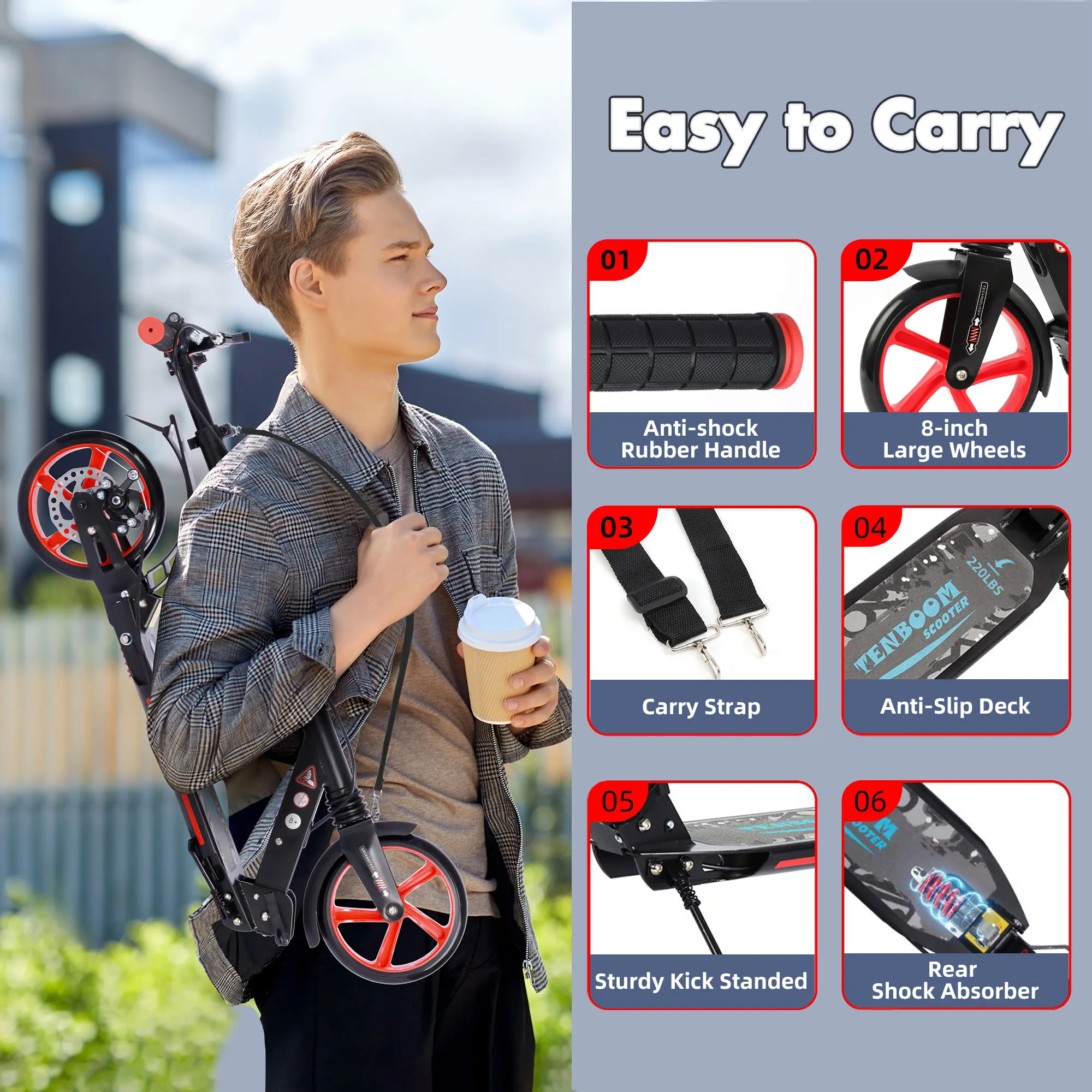 Adult Scooter with Rear Break Adjustable Handlebars Big Wheels Shock Absorption - Folding Sport Kick Scooters for Teens Boys