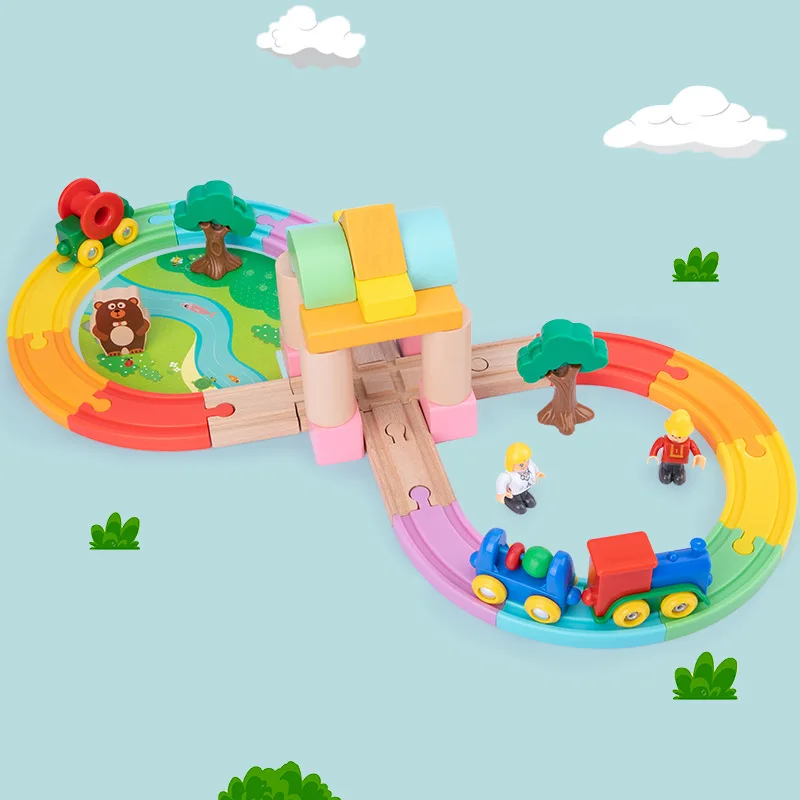 Montessori Baby Wooden DIY Magnetic Railway Track Vehicle Train Set Game EducationalTracking Toys For Kids Boys Girls