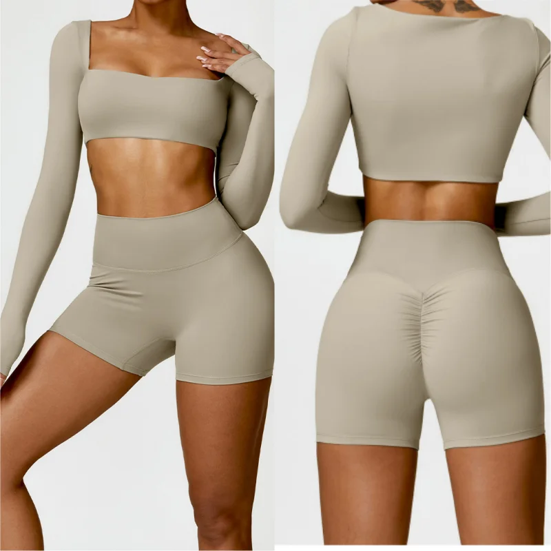 Aoyema Tight Fitting Long Sleeved Yoga Wear Shorts Yoga Pants Outdoor Running Gym Fitness Active Wear Workout Sets For Women