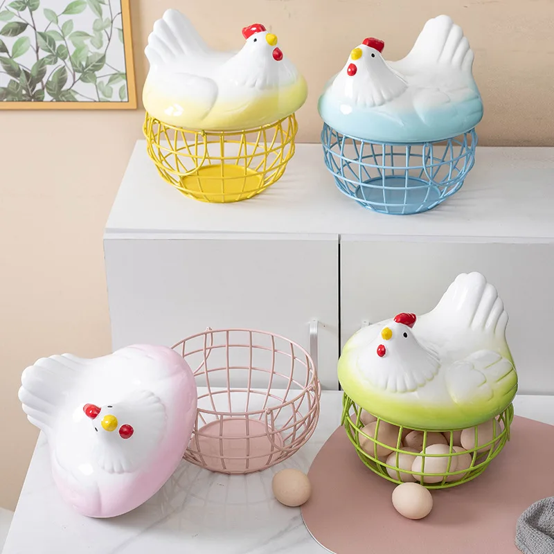 Easter kitchen decoration Wholesale various kinds of ceramic hen chicken shaped egg empty basket with metal storage holder