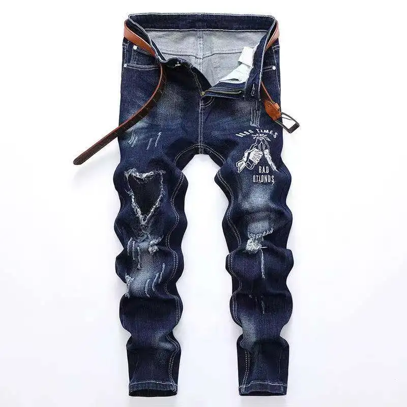 
customized LOGO printing manufacturer oem fashion man jeans classical blue casual slim fit Destructed Skinny fabrics jeans 