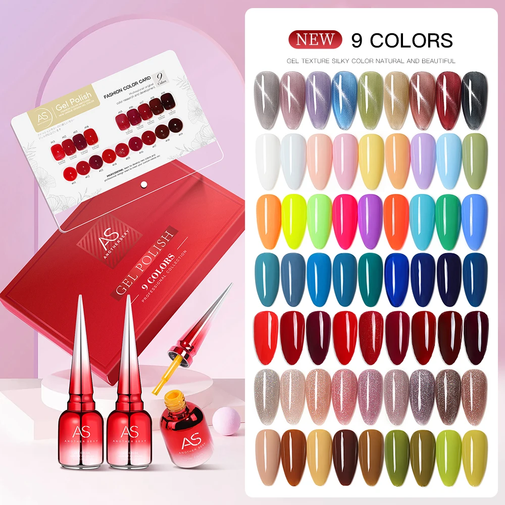AS Gel Nail Polish Set Nail Gel Kit 9 Color Semi Permanent UV Led Gel Varnish Soak Off Nail Lacquers Base Coat Top Coat Kit