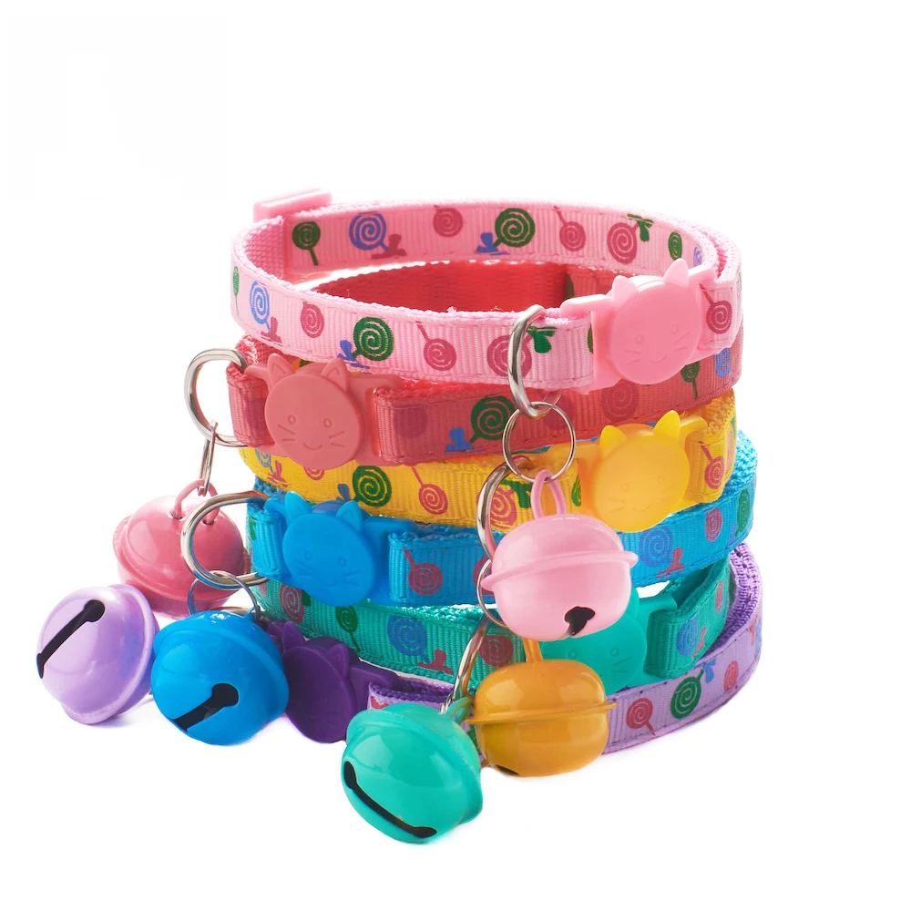 New Custom 1.0cm Pet Collar Colorful Cat Buckle Lollipop Candy Color Cat Collar With Large Bells Multi Colors