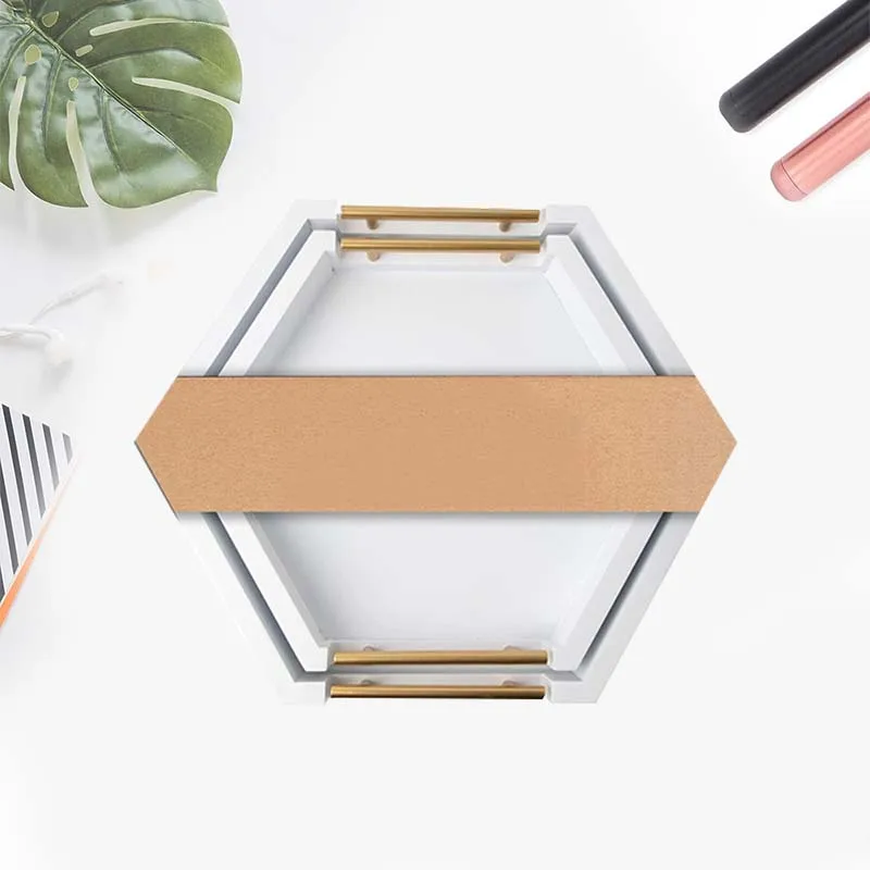 Wooden white tray with gold handle, wooden hexagonal nested tray suitable for food decoration, coffee table