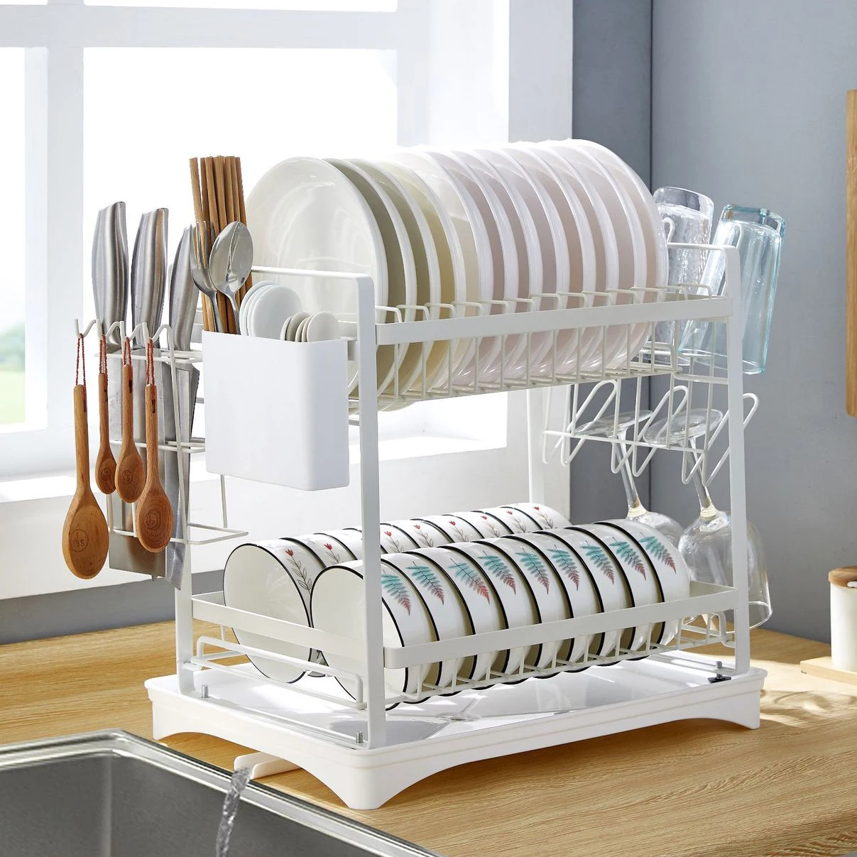 
Kitchen Standing 2 Tier Dish Drainer Drying Racks with Drain Board Stainless Steel Countertop Organizer Holder for Plate Bowl 