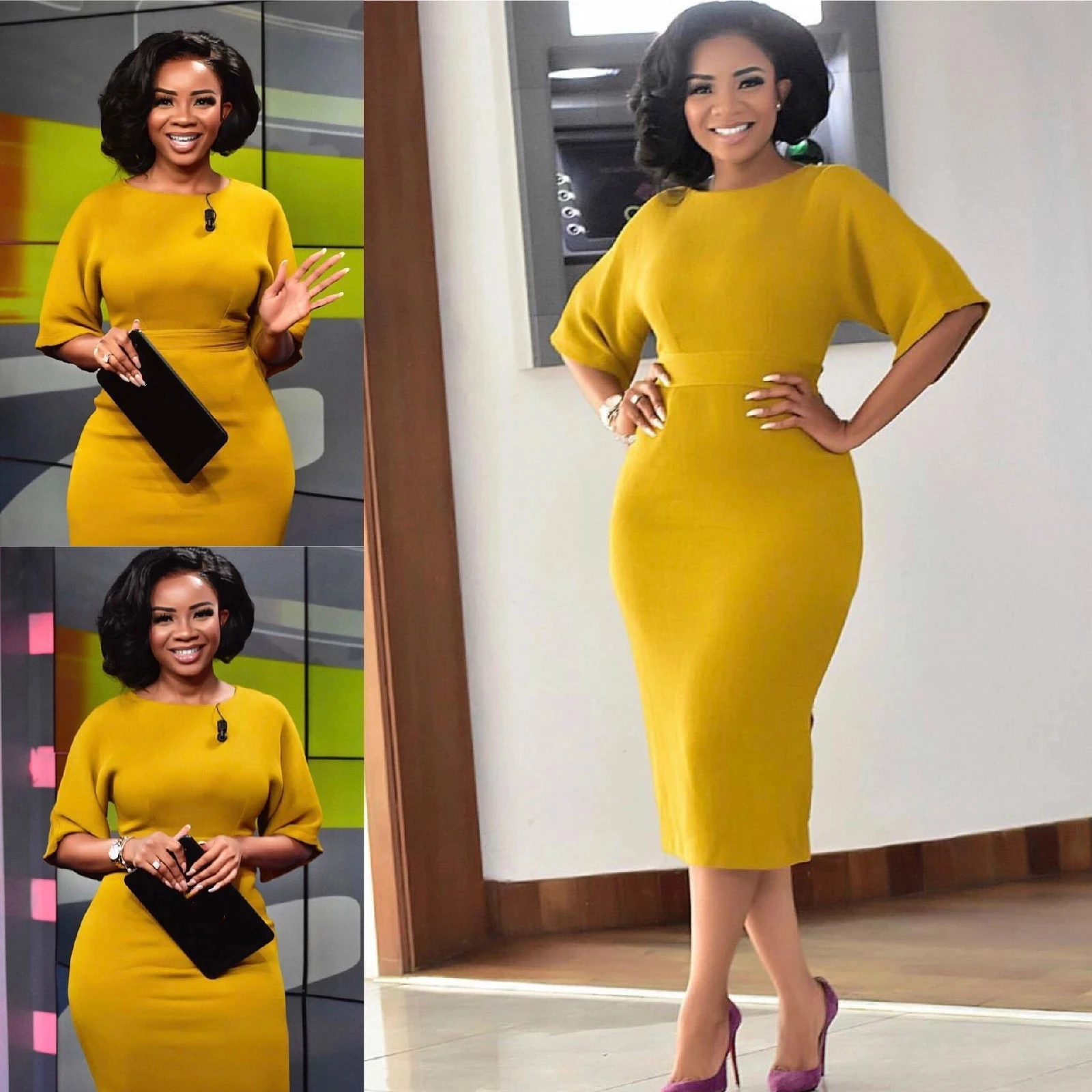 Fashion Yellow Slim Elegant Work Wear Short Sleeves O Neck Tight Elastic Large Size African Women Office Ladies Bodycon Dresses