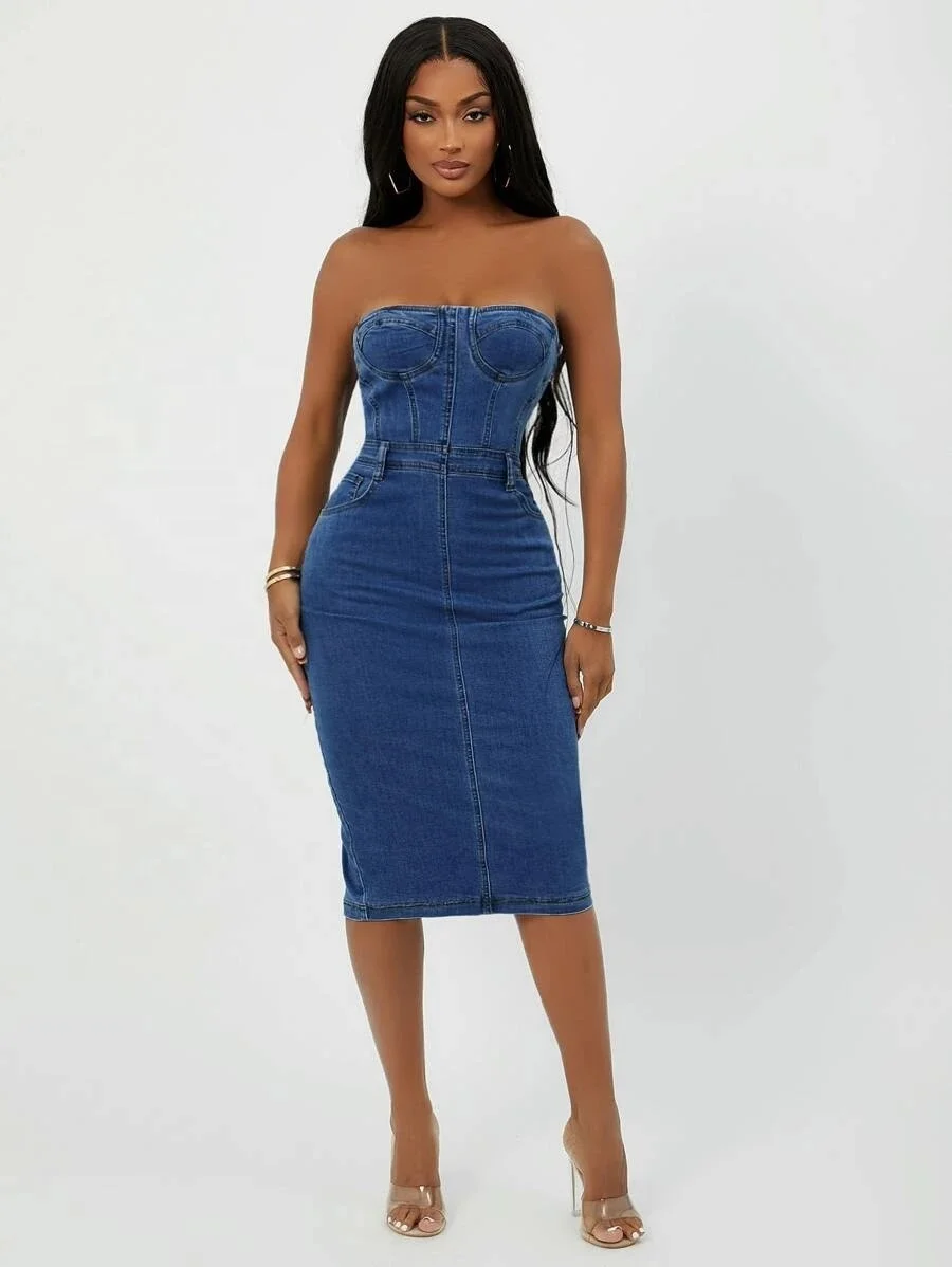 New Women Split Hem Tube Denim Bodycon Dress Ladies Jeans Dresses