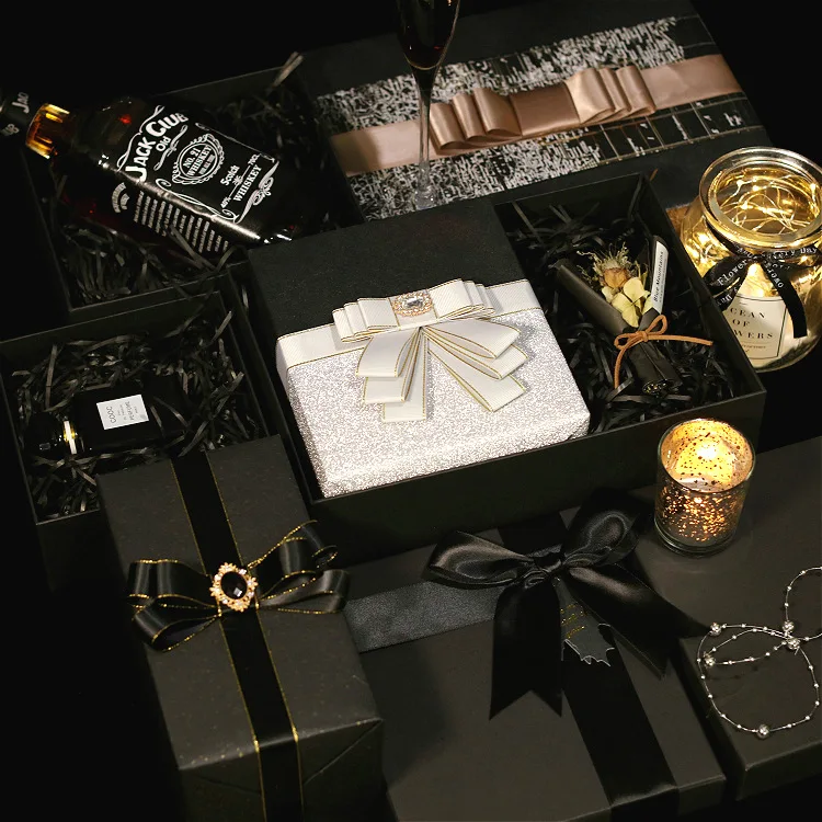 Подарочная коробка на день рождения, в наличии, черная Подарочная коробка, Высококачественная деловая Подарочная коробка с бантом, сумочка на заказ