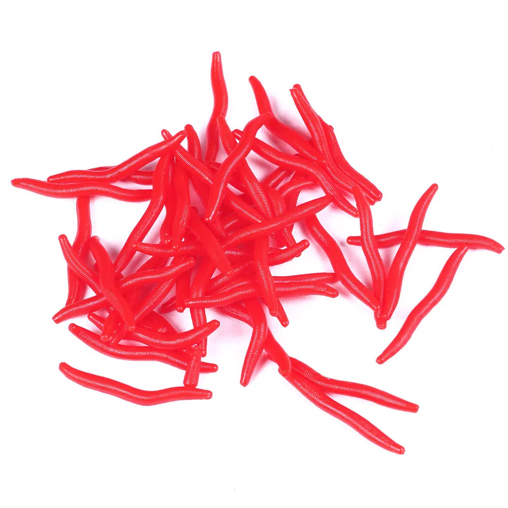 High 50pcs/Bag Lifelike Red Soft Plastic Lures Simulation Red Worms Artificial Soft Fishing Bait River Lake Stream Squid-Shaped